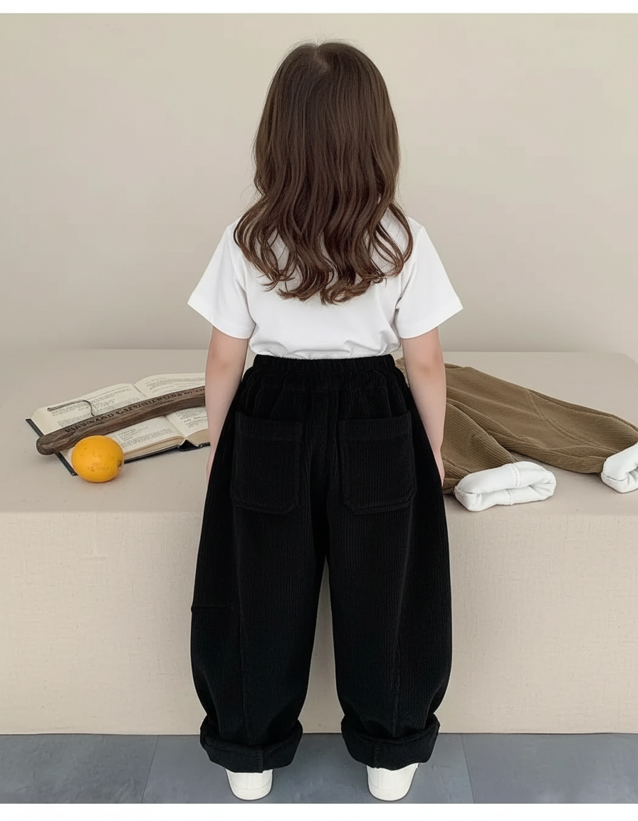 Pantalon Noir Côtelé Ample Décontracté Élastique - Cordé