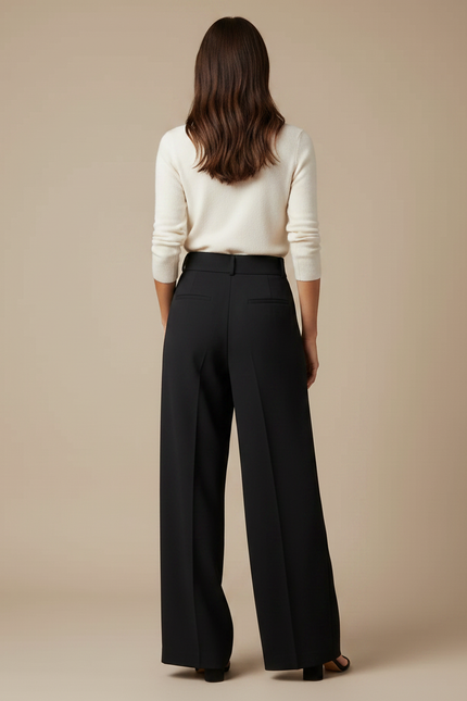 Pantalon Noir Fluide, Taille Haute, Plissé, Élégant - Polyester - vue 2