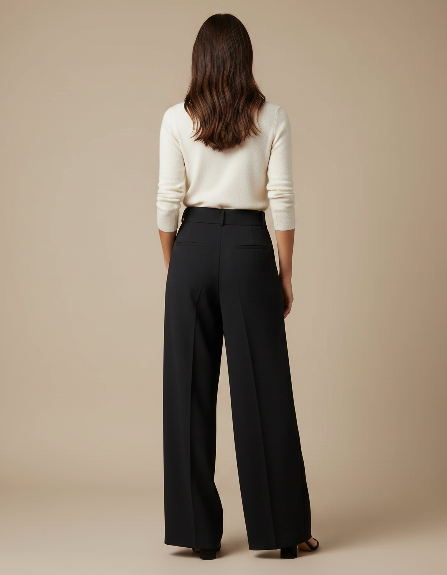 Pantalon Noir Fluide, Taille Haute, Plissé, Élégant - Polyester - vue 2