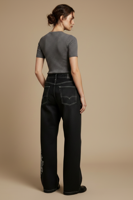 Pantalon Noir Brodé Ample Streetwear Femme - Jean - vue 2