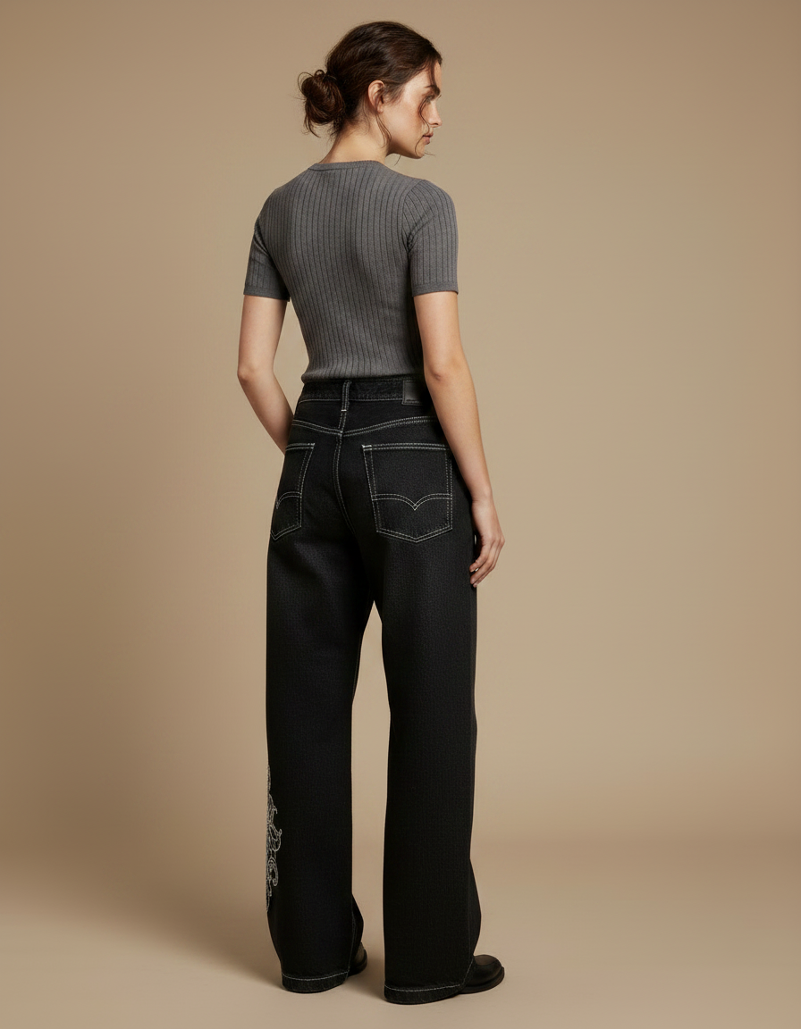 Pantalon Noir Brodé Ample Streetwear Femme - Jean - vue 2
