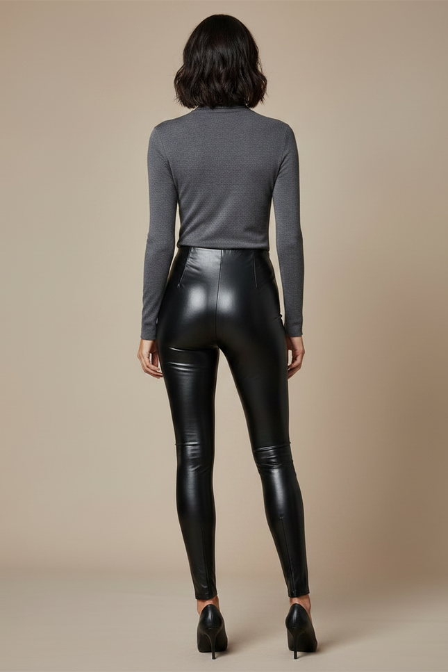 Pantalon Noir Similicuir Brillant Taille Haute Skinny Femme - Simili cuir - vue 2