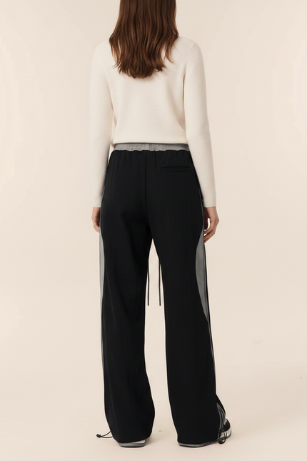 Pantalon Noir Large Sportif Rayures Grises Décontracté - Polyester - vue 2
