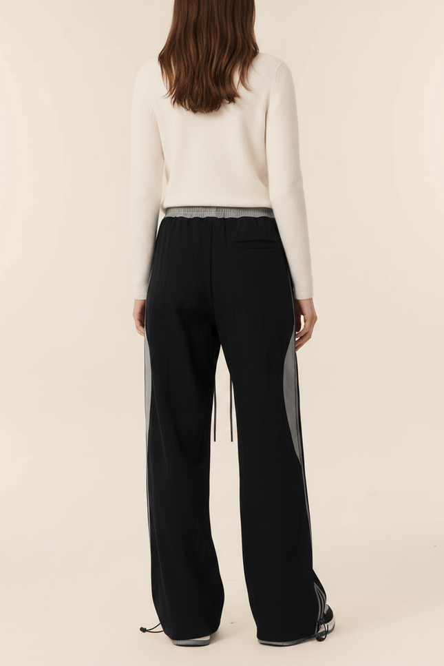 Pantalon Noir Large Sportif Rayures Grises Décontracté - Polyester - vue 2