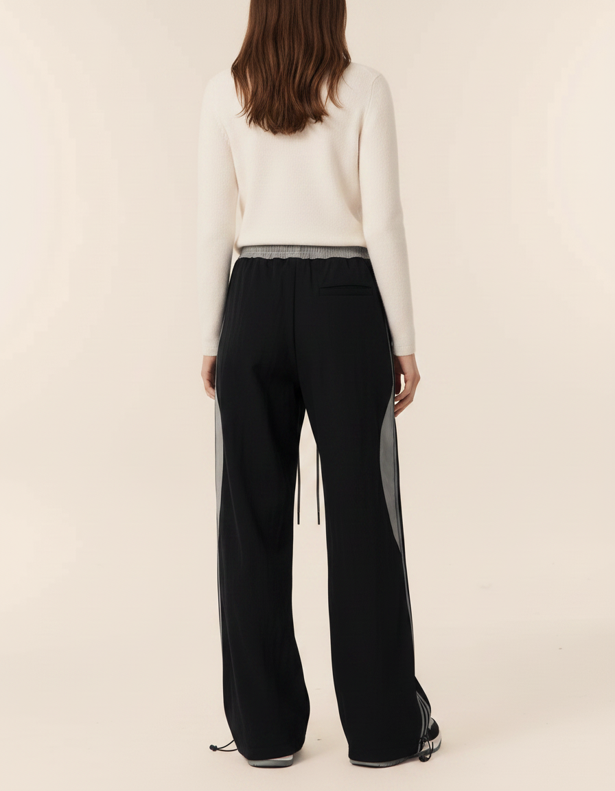 Pantalon Noir Large Sportif Rayures Grises Décontracté - Polyester - vue 2