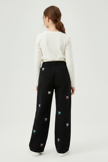 Pantalon Noir Brodé Bows Ample Fille - Molleton - vue 2