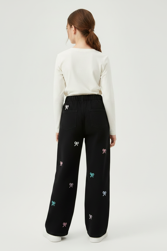 Pantalon Noir Brodé Bows Ample Fille - Molleton - vue 2