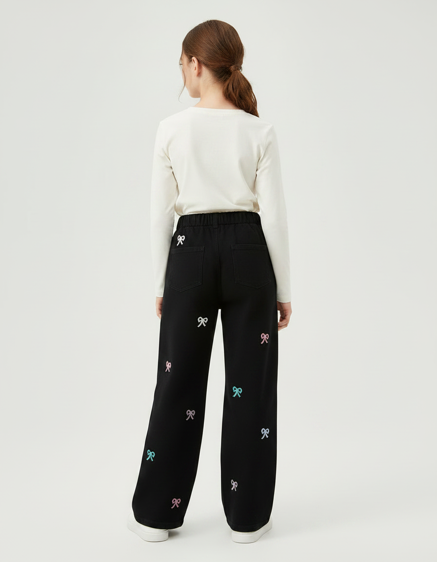 Pantalon Noir Brodé Bows Ample Fille - Molleton - vue 2