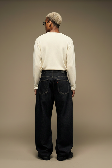 Pantalon Noir Ample Denim Boutons Homme Décontracté - Jean - vue 2