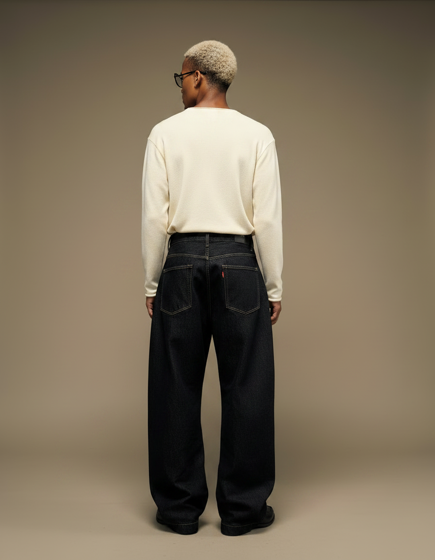 Pantalon Noir Ample Denim Boutons Homme Décontracté - Jean - vue 2