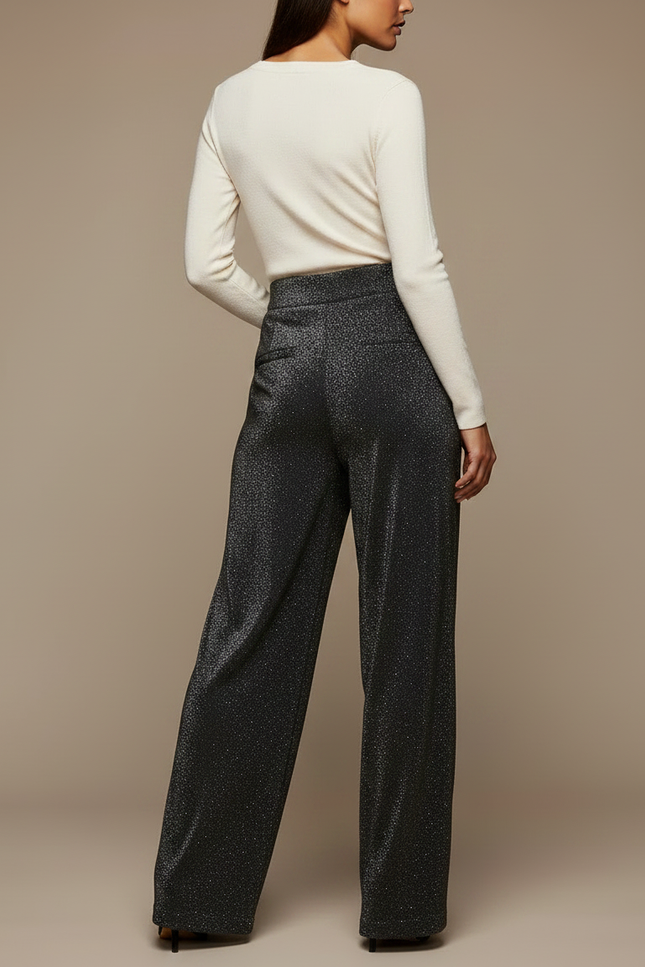 Pantalon Noir Paillettes Large Évasé Femme - Polyester - vue 2