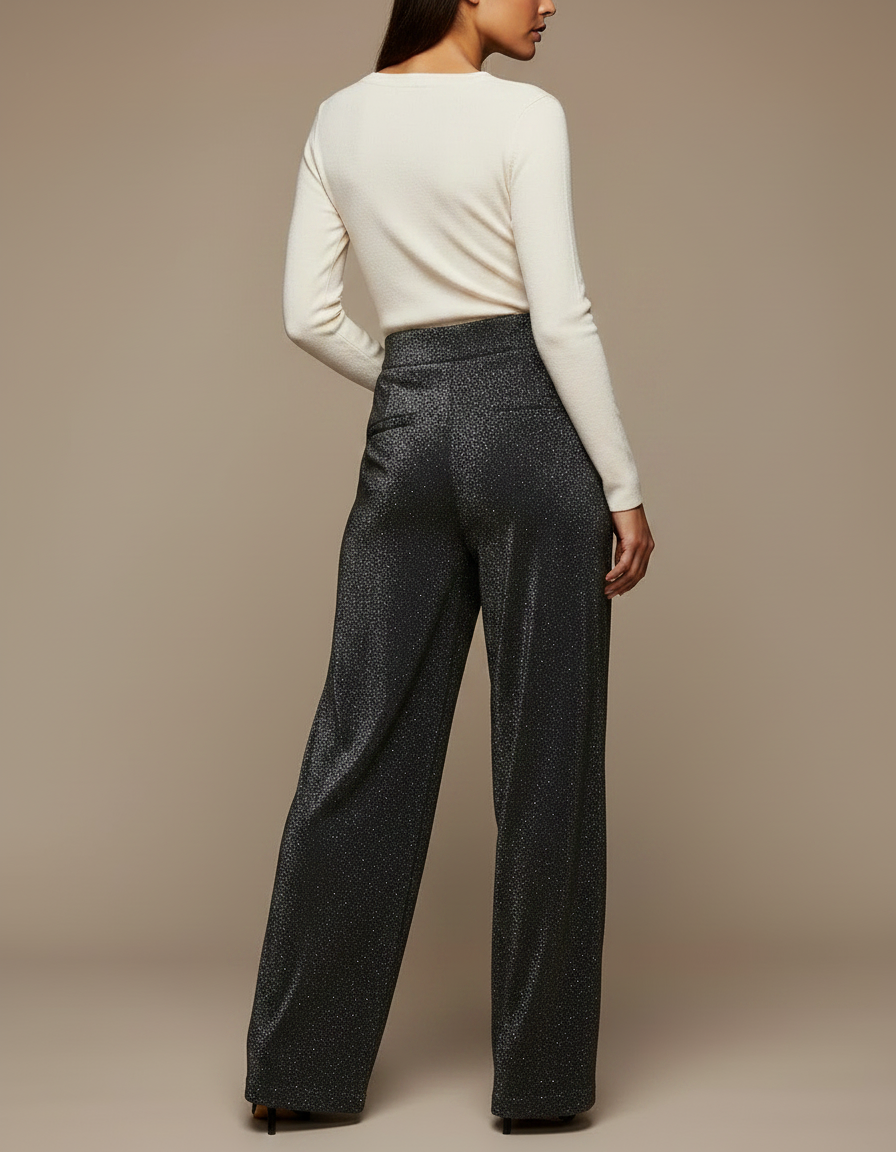 Pantalon Noir Paillettes Large Évasé Femme - Polyester - vue 2