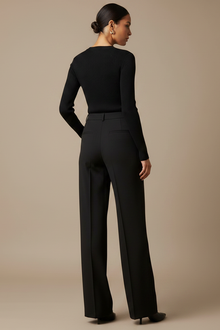 Pantalon Noir Large Pinces Fluide Élégant Femme - Polyester - vue 2
