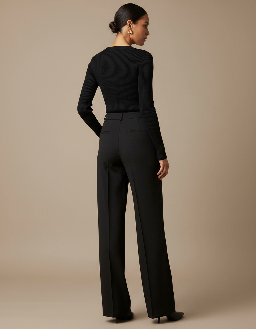 Pantalon Noir Large Pinces Fluide Élégant Femme - Polyester - vue 2