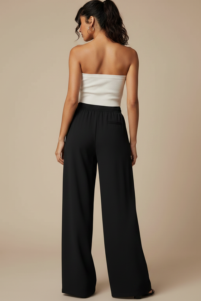 Pantalon Noir Fluide Ample Taille Haute Élégant Femme - Viscose - vue 2