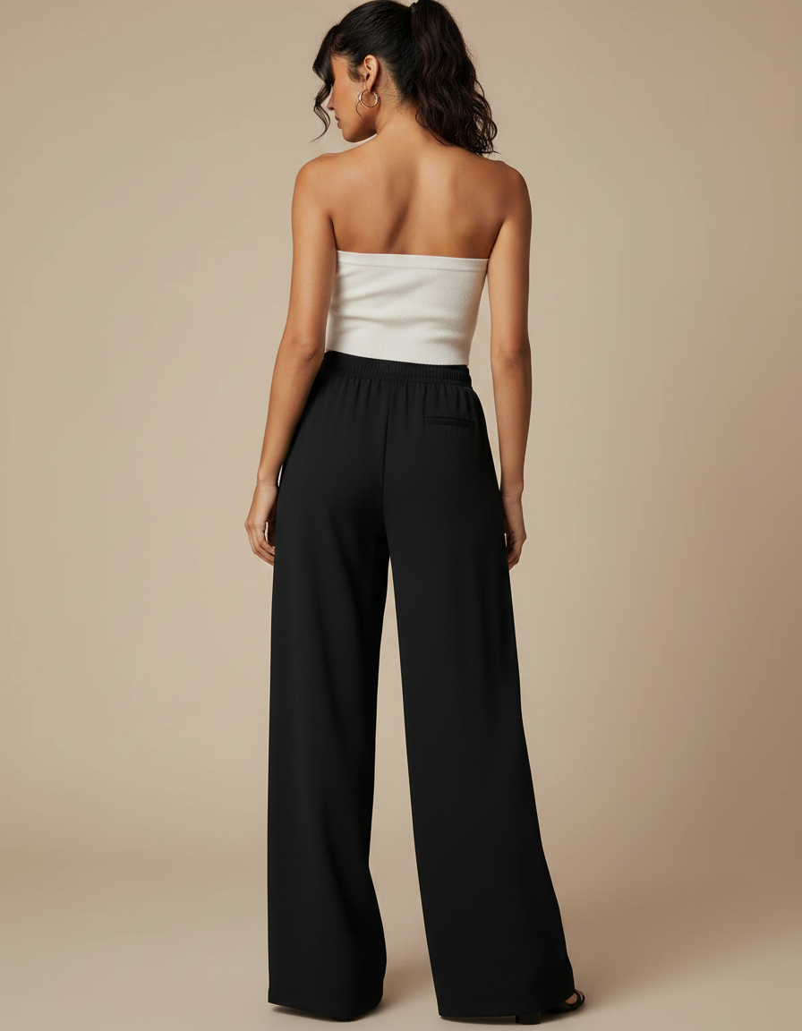 Pantalon Noir Fluide Ample Taille Haute Élégant Femme - Viscose - vue 2