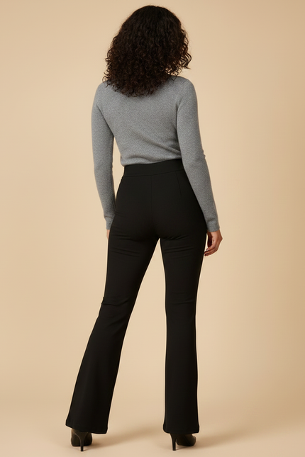 Pantalon Noir Évasé Côtelé Taille Haute Femme - Maille - vue 2