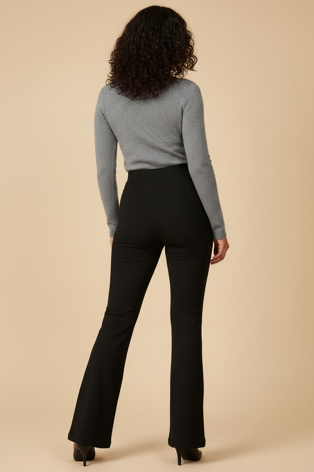 Pantalon Noir Évasé Côtelé Taille Haute Femme - Maille - vue 2
