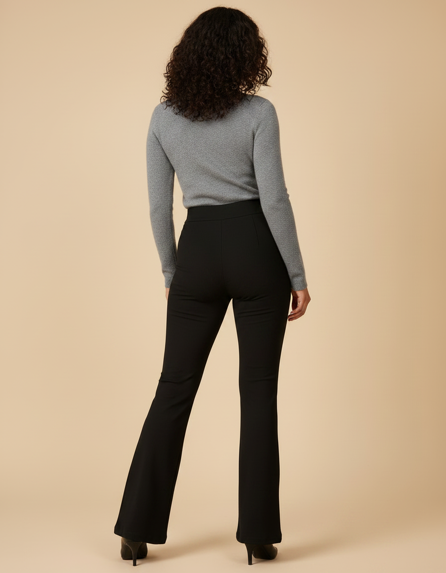 Pantalon Noir Évasé Côtelé Taille Haute Femme - Maille - vue 2