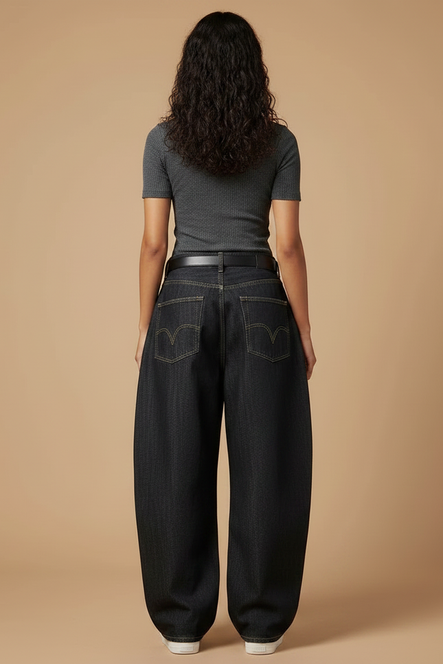 Pantalon Noir Ample Denim Brodé Vintage Femme - Jean - vue 2