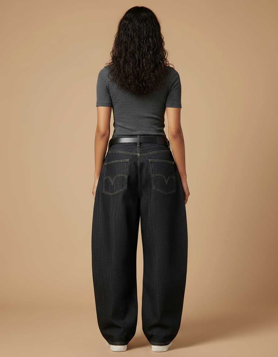 Pantalon Noir Ample Denim Brodé Vintage Femme - Jean - vue 2
