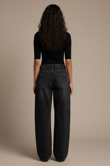 Pantalon Noir Baggy Denim Vintage Femme Streetwear - Jean - vue 2
