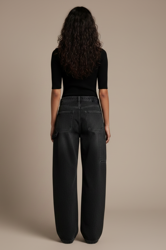 Pantalon Noir Baggy Denim Vintage Femme Streetwear - Jean - vue 2