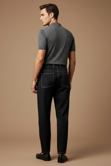 Pantalon Noir Homme Couture Apparente Pince Décontracté - Gabardine - vue 2