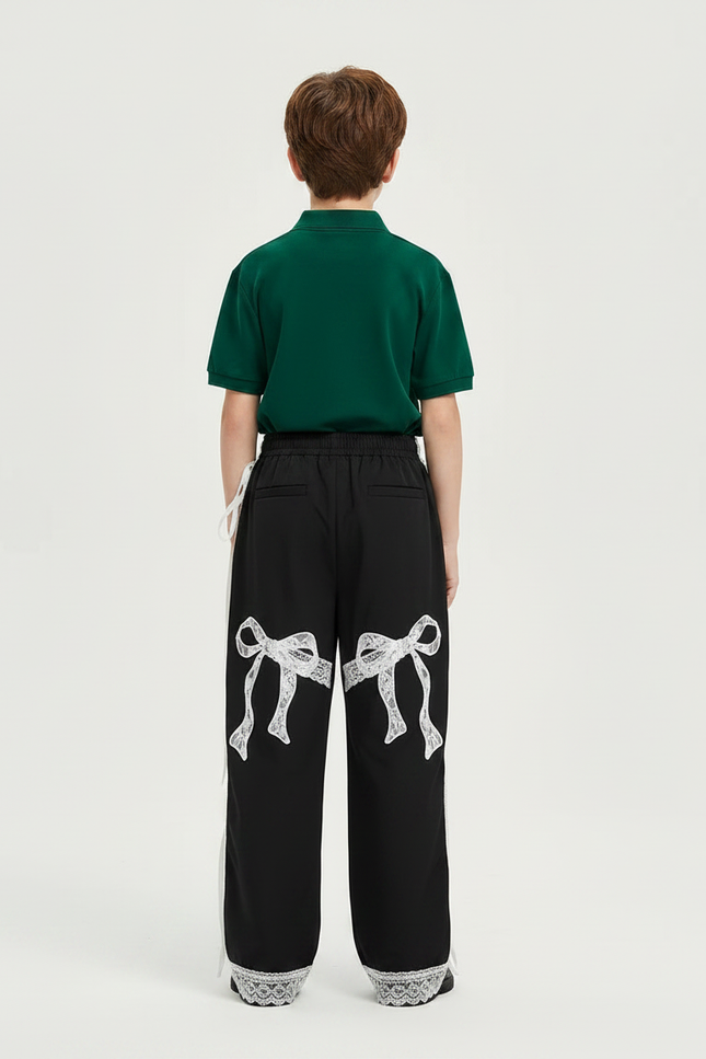 Pantalon Noir Ample Dentelle Nœuds Garçon Fille - Polyester - vue 2