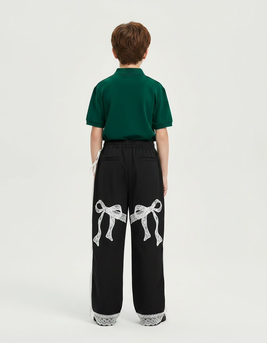 Pantalon Noir Ample Dentelle Nœuds Garçon Fille - Polyester - vue 2