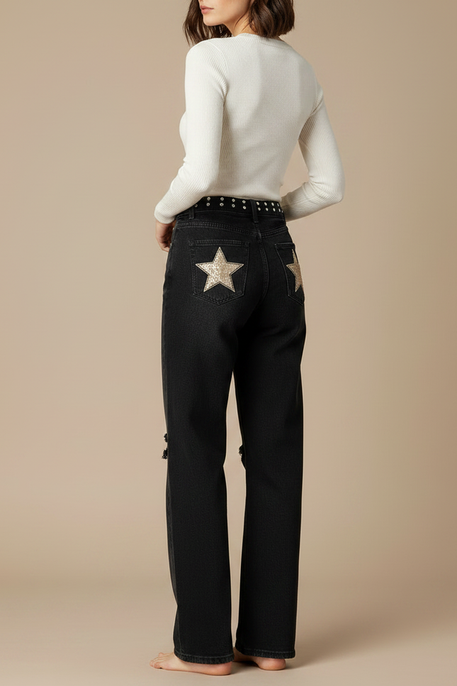 Pantalon Noir Jeans Ample Étoile Vintage Femme - vue 2