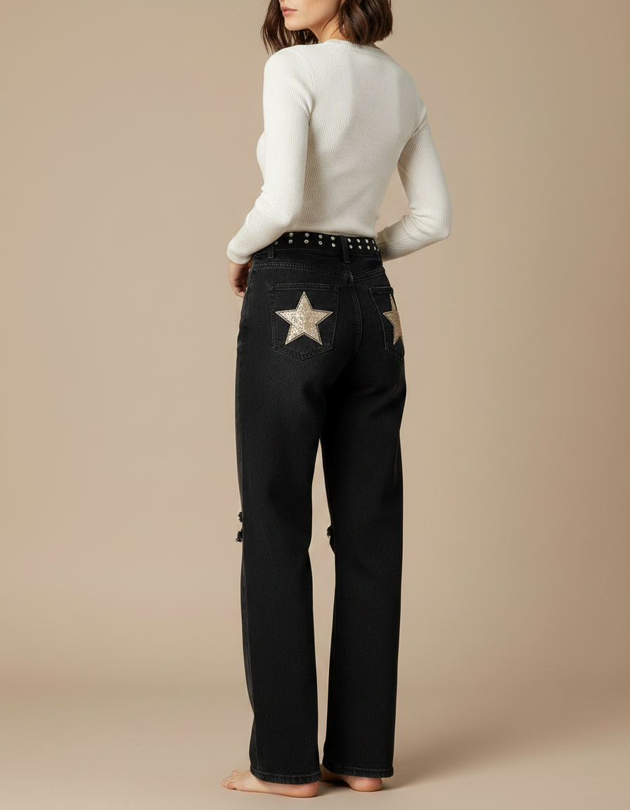 Pantalon Noir Jeans Ample Étoile Vintage Femme - vue 2