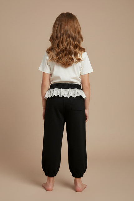 Pantalon Noir Ample Dentelle Crème Nœud Fille - Molleton - vue 2