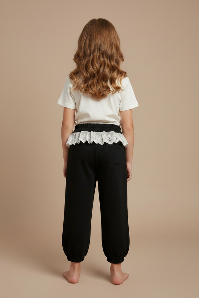 Pantalon Noir Ample Dentelle Crème Nœud Fille - Molleton - vue 2