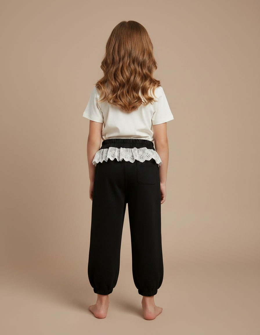 Pantalon Noir Ample Dentelle Crème Nœud Fille - Molleton - vue 2