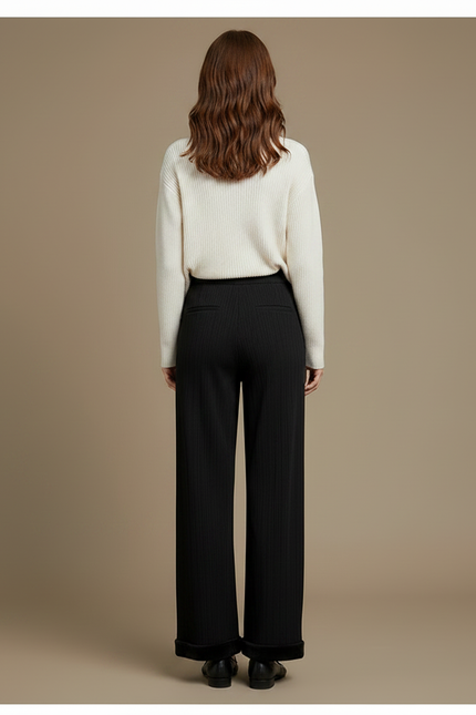 Pantalon Noir Large Droit Côtelé Épais Décontracté - Maille - vue 2