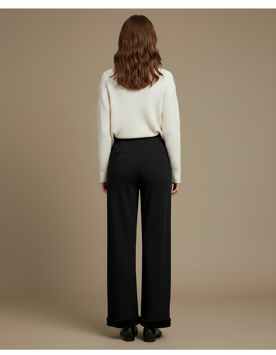 Pantalon Noir Large Droit Côtelé Épais Décontracté - Maille - vue 2