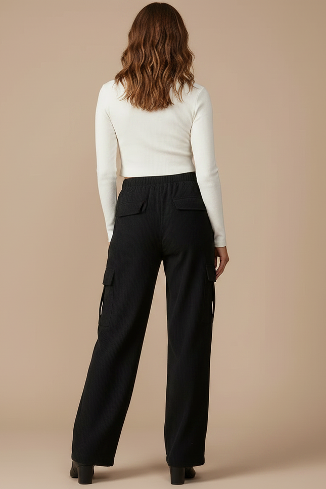 Pantalon Noir Côtelé Cargo Ample Femme - Cordé - vue 2