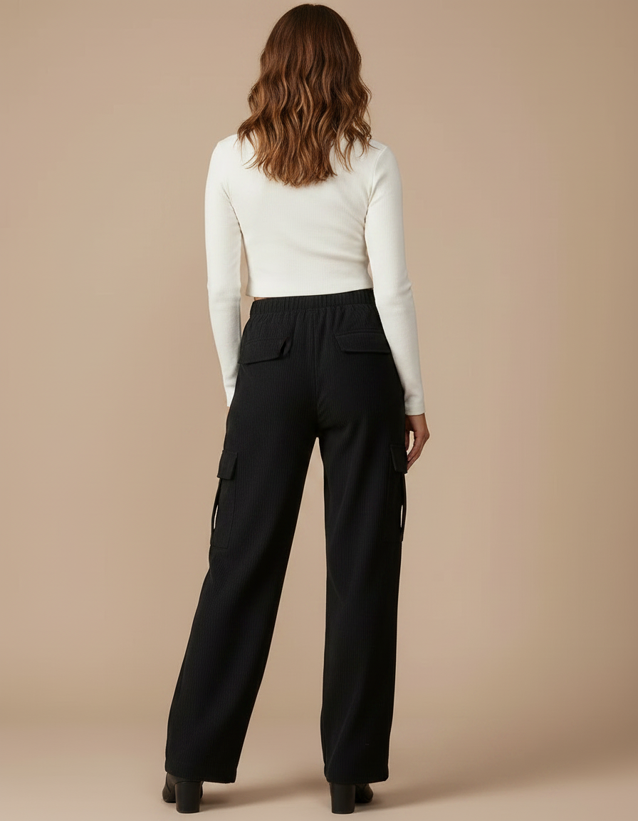 Pantalon Noir Côtelé Cargo Ample Femme - Cordé - vue 2