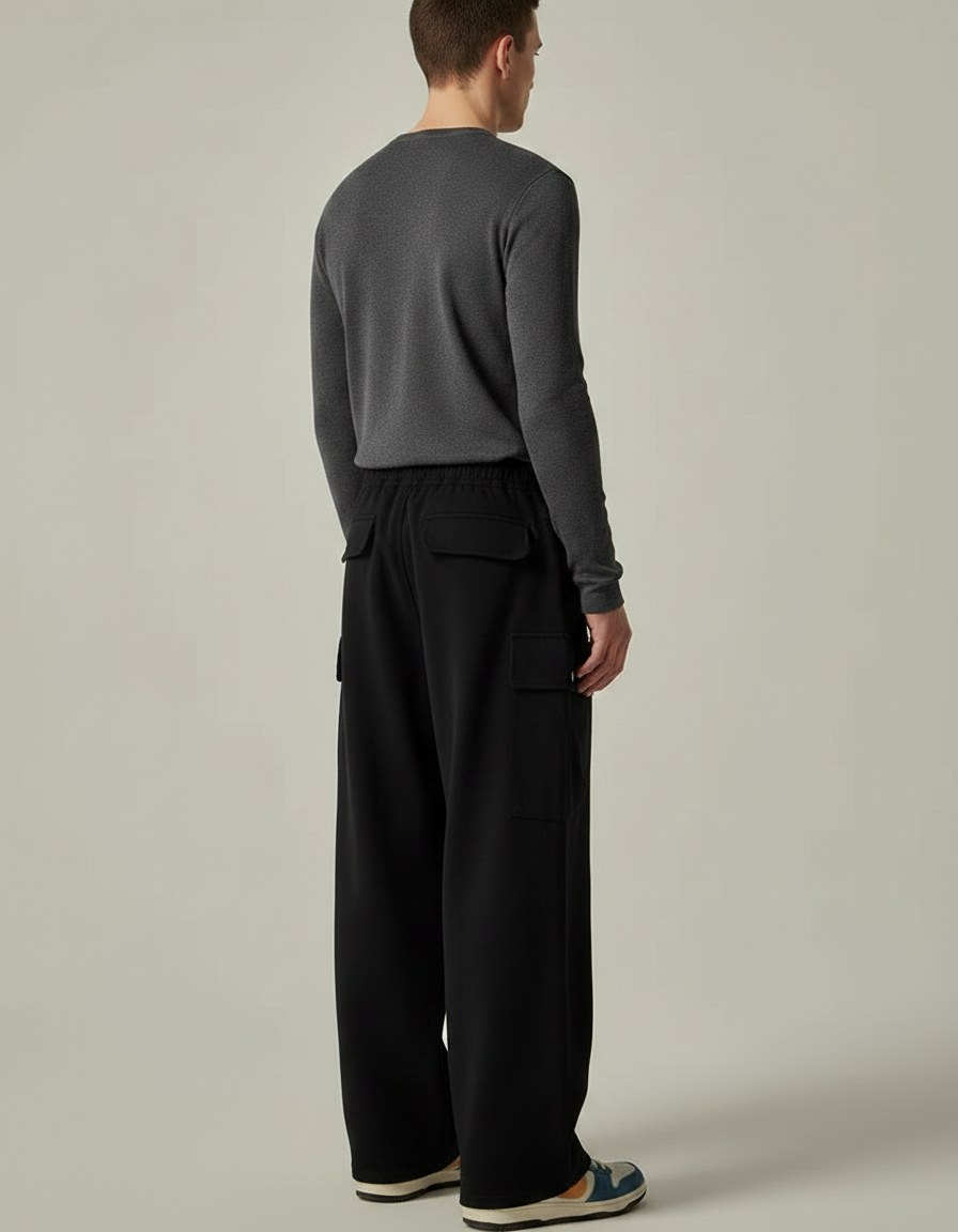 Pantalon Noir Cargo Ample Décontracté Homme Coton - Molleton - vue 2