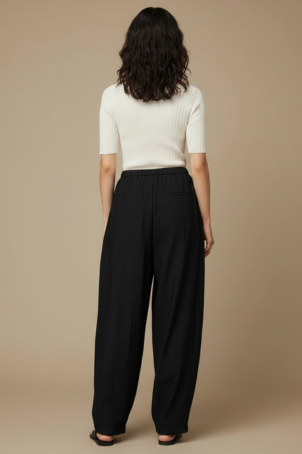 Pantalon Noir Ample Fluide Décontracté Plissé Femme - Lin - vue 2
