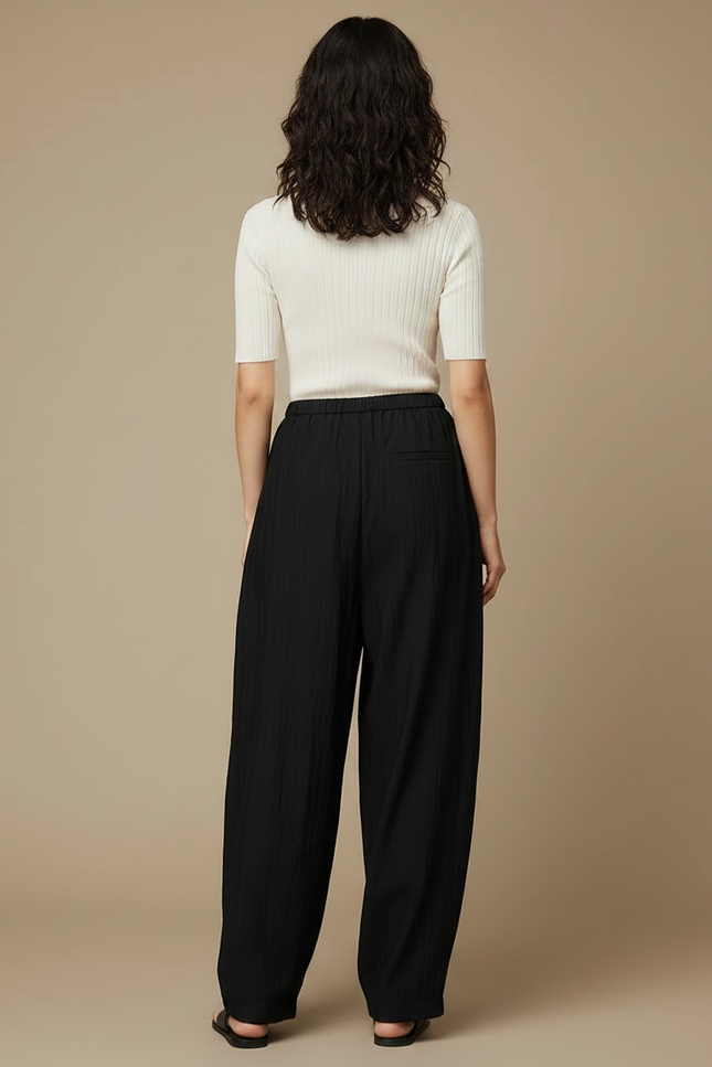 Pantalon Noir Ample Fluide Décontracté Plissé Femme - Lin - vue 2