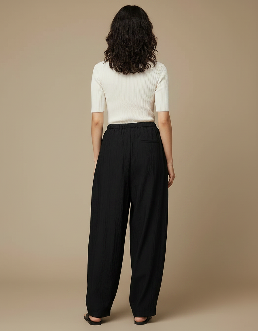 Pantalon Noir Ample Fluide Décontracté Plissé Femme - Lin - vue 2