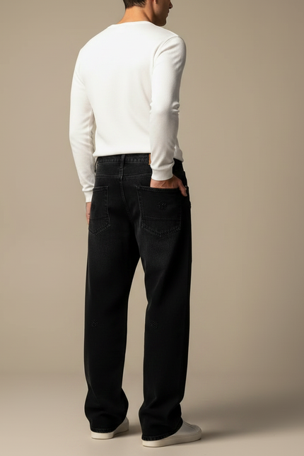 Pantalon Noir Large Décontracté Brodé Paillettes Homme - Jean - vue 2
