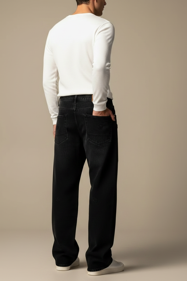 Pantalon Noir Large Décontracté Brodé Paillettes Homme - Jean - vue 2