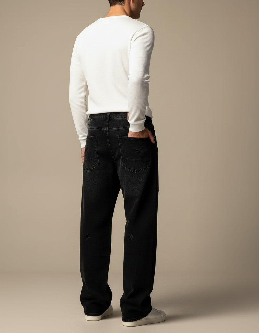 Pantalon Noir Large Décontracté Brodé Paillettes Homme - Jean - vue 2