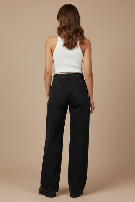 Pantalon Noir Jeans Ample Taille Haute Femme - vue 2