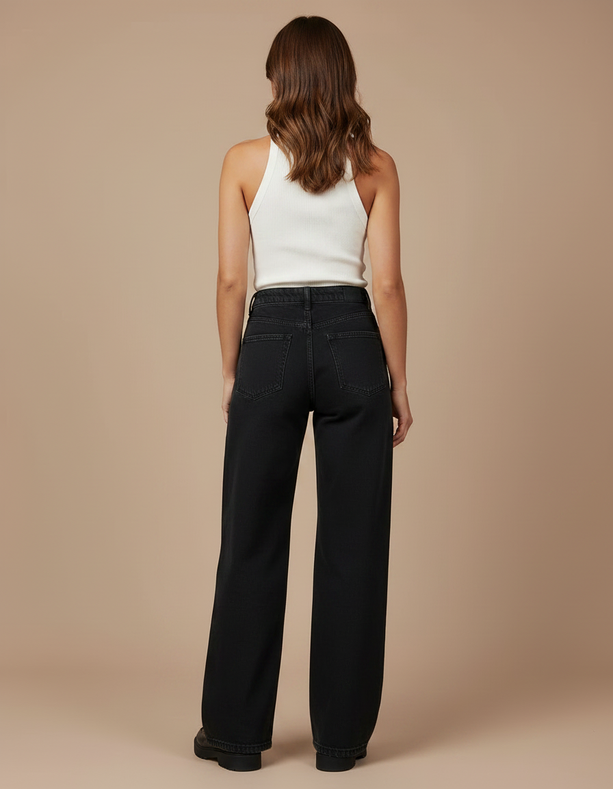 Pantalon Noir Jeans Ample Taille Haute Femme - vue 2