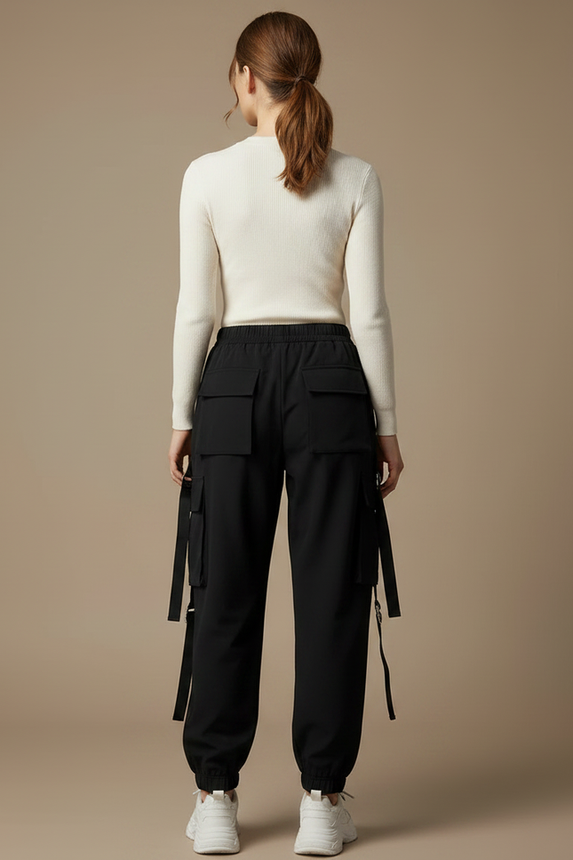 Pantalon Noir Cargo Femme Ample Streetwear Décontracté - Polyester - vue 2