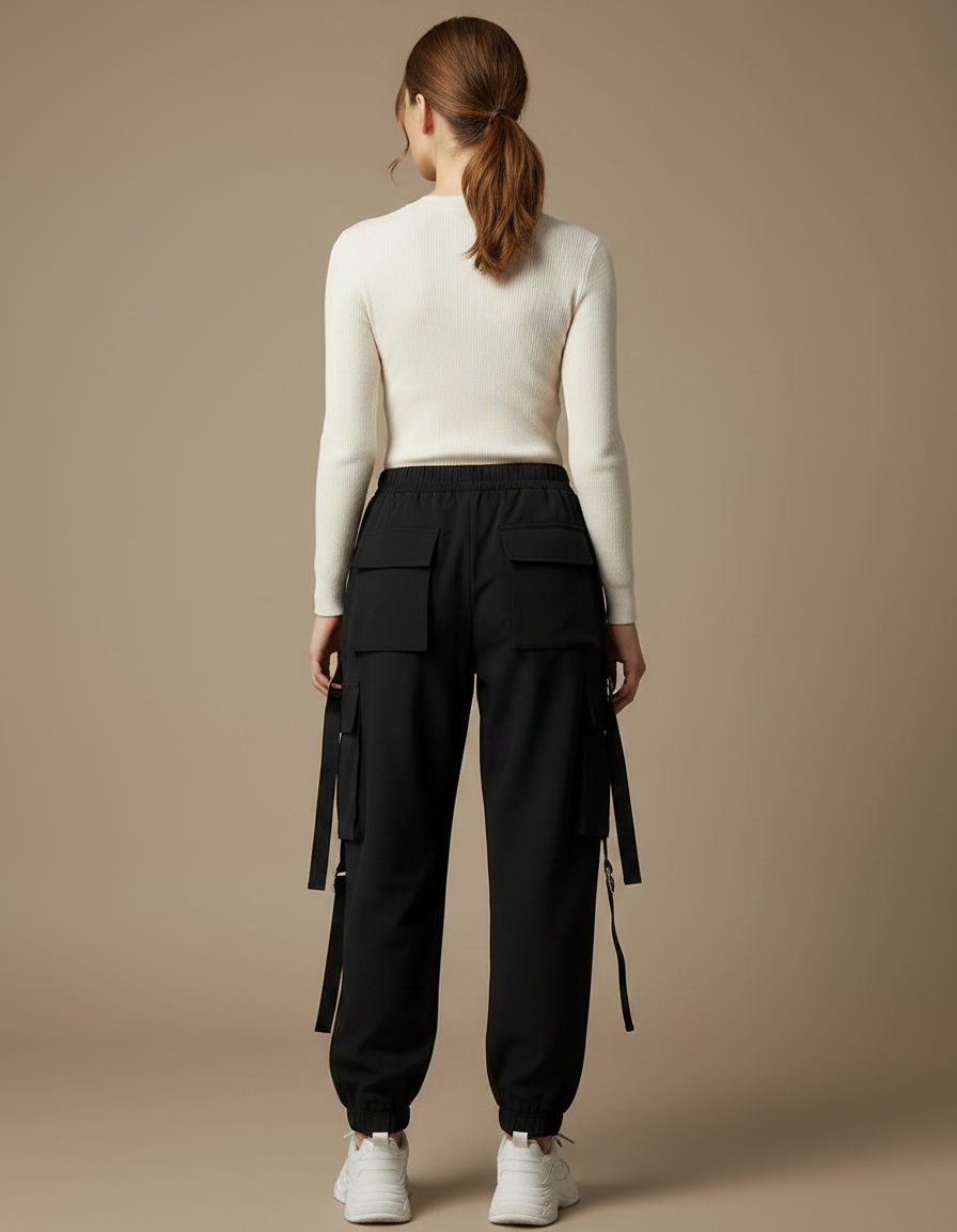Pantalon Noir Cargo Femme Ample Streetwear Décontracté - Polyester - vue 2